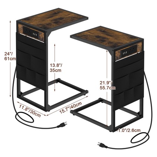 CADUKE C Shaped End Table with Charging Station, TV Tray Set of 2, Couch Side Tables with Storage Bag, Sofa Tables That Slide Under with 3 USB Ports and Outlets for Living Room, Brown