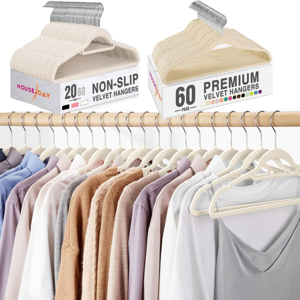 HOUSE DAY Beige Velvet Hangers 60 Pack N Ivory Velvet Hangers with Tie Bar 20 Pack