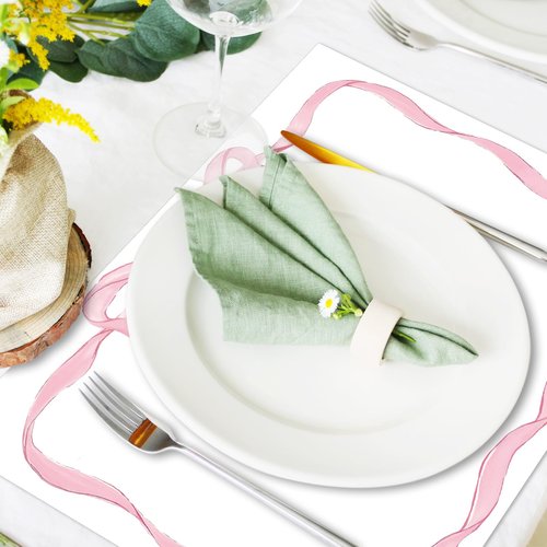 JarThenaAMCS 50 Sheets Pink Bow Paper Placemat Coquette Bowknot Place Mat Cute Disposable Table Mat for Bachelorette Party Dinner Table, 14 x 10 Inch