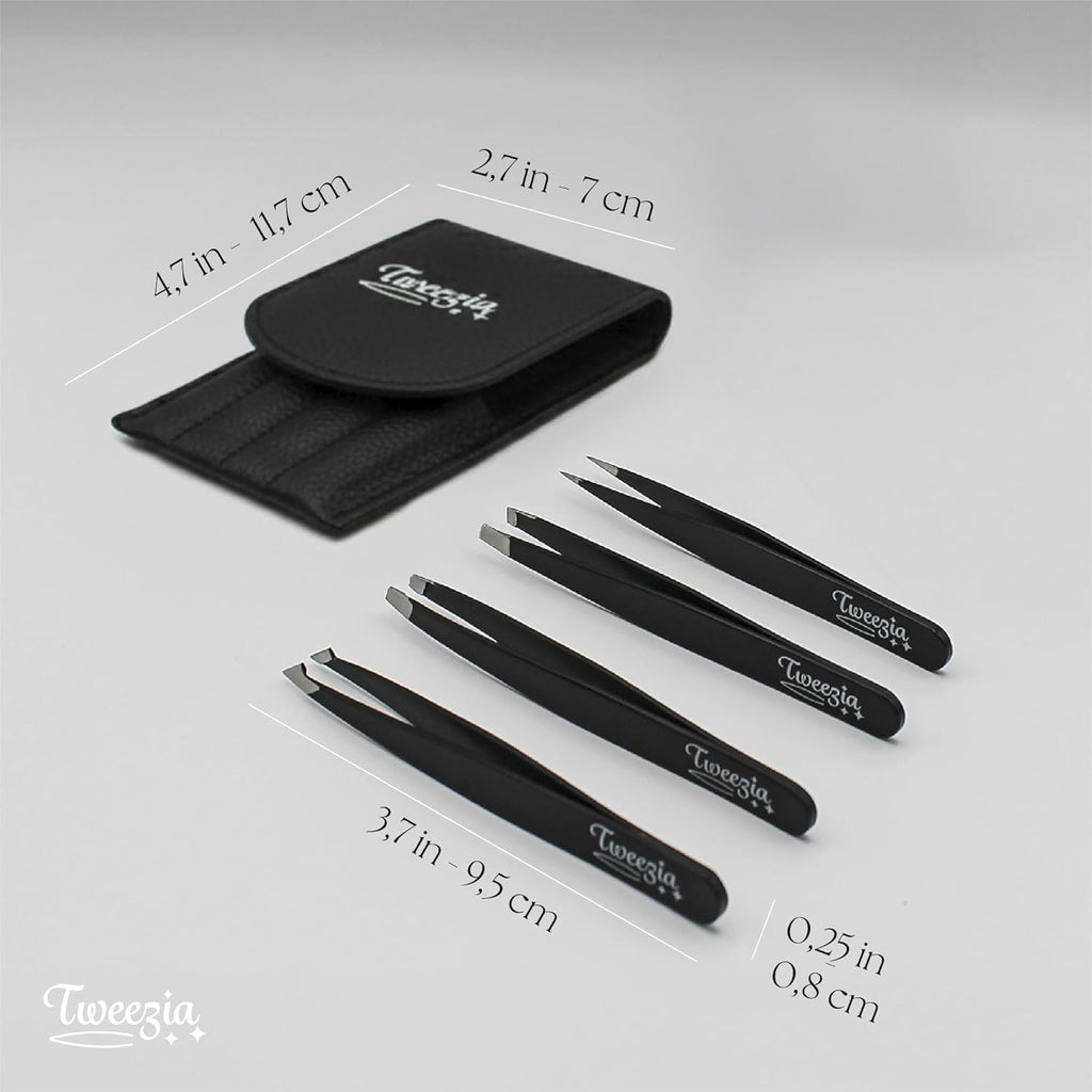 TWEEZIA Stainless Steel Tweezer Set - 4 Precision Tweezers with Mirror & Leather Case | Ideal for Eyebrows, Ingrown Hairs, and Splinters