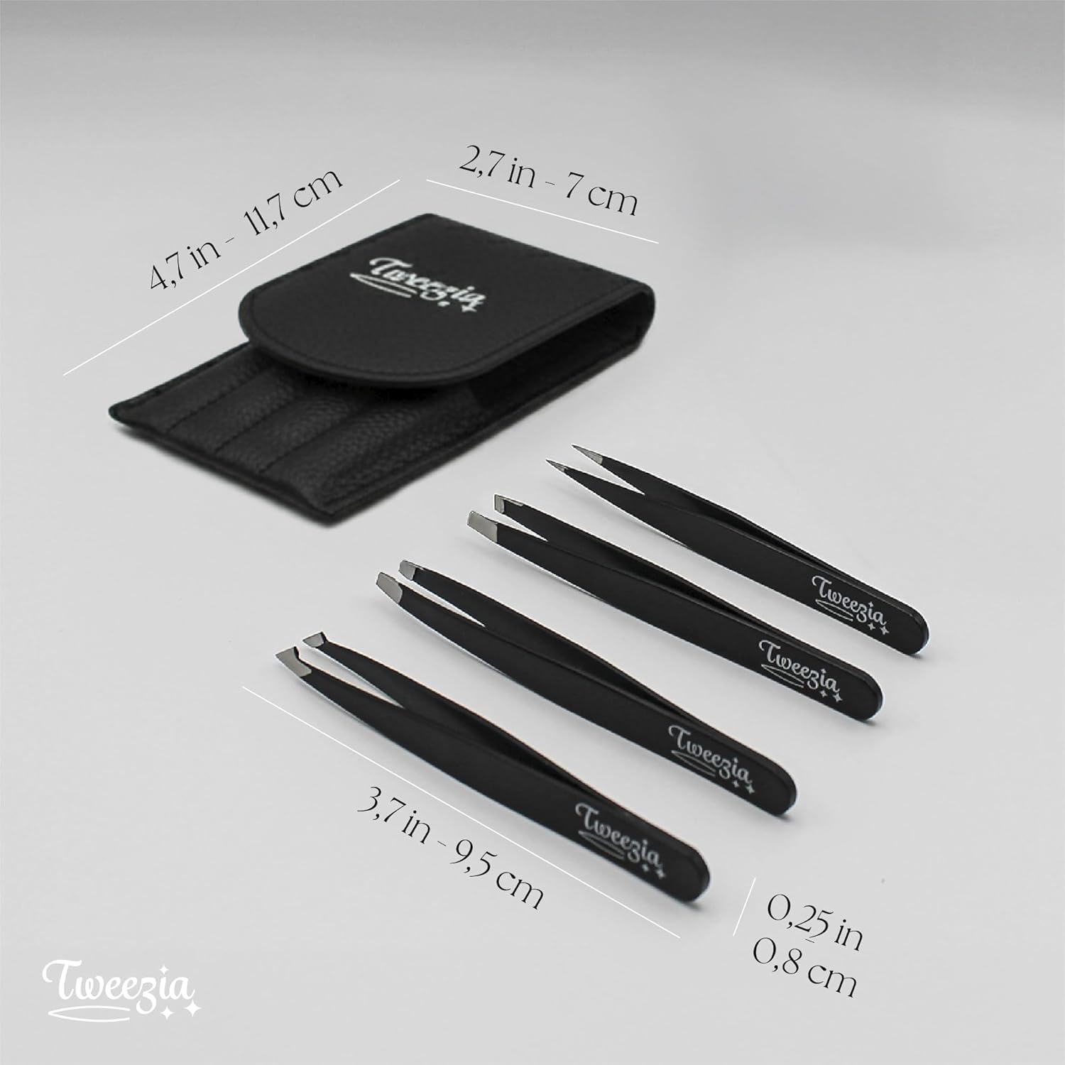 TWEEZIA Stainless Steel Tweezer Set - 4 Precision Tweezers with Mirror & Leather Case | Ideal for Eyebrows, Ingrown Hairs, and Splinters