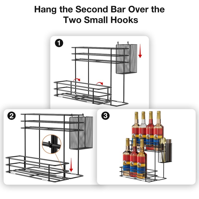 OVICAR Coffee Syrup Organizer Rack - 8 Bottle Holder Stand for Coffee Bar & Station Accessories with Straw & Pod Basket, 2 Tiers Black