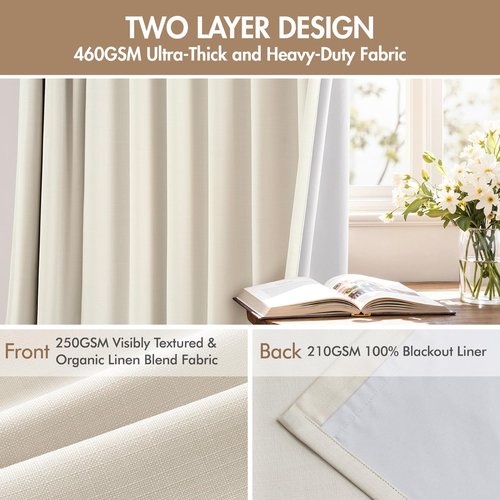 MIULEE 100% Blackout Curtains - 90 Inch Long Thick Linen Drapes | 4 Panel Set in Birch for Bedroom & Living Room