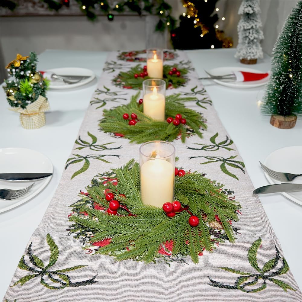 Skiennix Christmas Candle Rings - Artificial Norfolk Pine & Red Berry Wreaths | 3-Piece Set for Home Decor