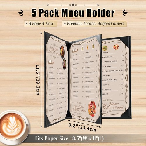 FLKQC Restaurant Menu Covers Holders 8.5" x 11" | Pack of 5 Synthetic Leather Triple Fold Panels 4 View Angled Corners Black for Wine List, Drinks (5, Triple Fold Panels 4 View (8.5 x 11 inch))
