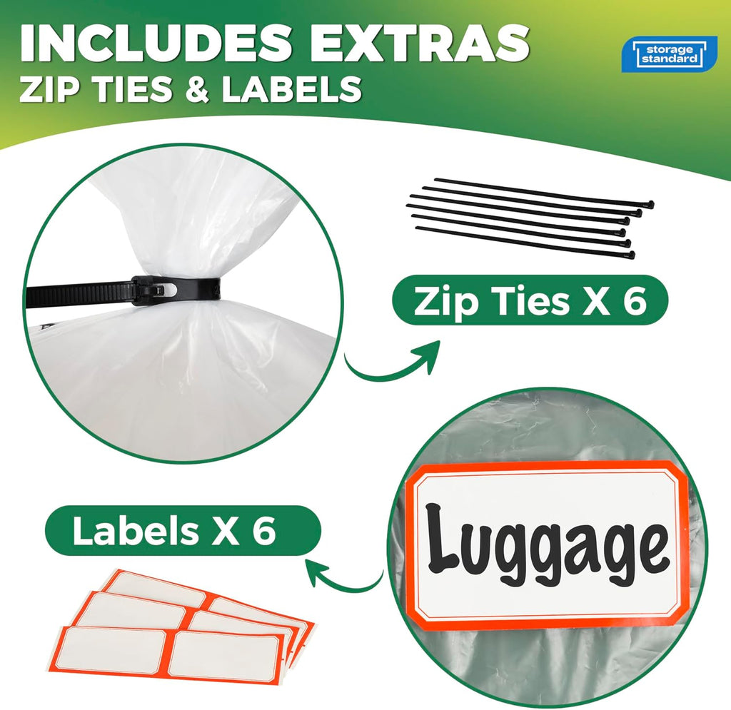 Storage Standard 6-Pack Large Clear Plastic Bags - Waterproof Heavy-Duty Zip Ties for Luggage & Travel Gear | 40 x 60 Inches