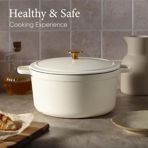 CAROTE 5QT Enameled Cast Iron Dutch Oven - Non-Toxic, Heavy-Duty Pot for Baking & Braising | Cream White