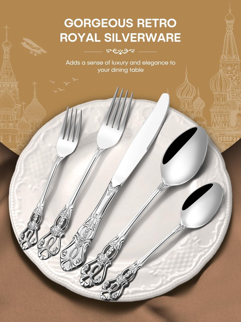 Stapava 48 Pcs Gorgeous Retro Royal Silverware Set with Steak Knives, Stainless Steel Cutlery Flatware Set for 8, Include Forks Spoons and Knives set, Dishwasher Safe Utensils Set, Mirror Polished