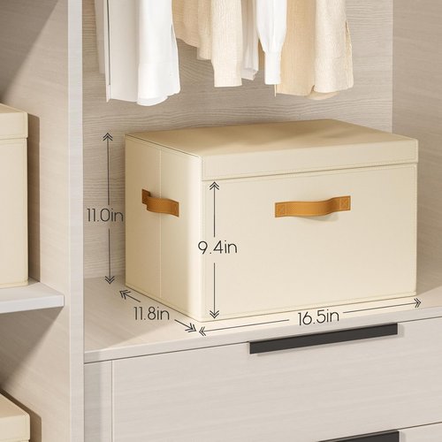 Homsorout Large Storage Bins - Front Opening Fabric Organizers with Lids, Collapsible 6-Pack in Beige