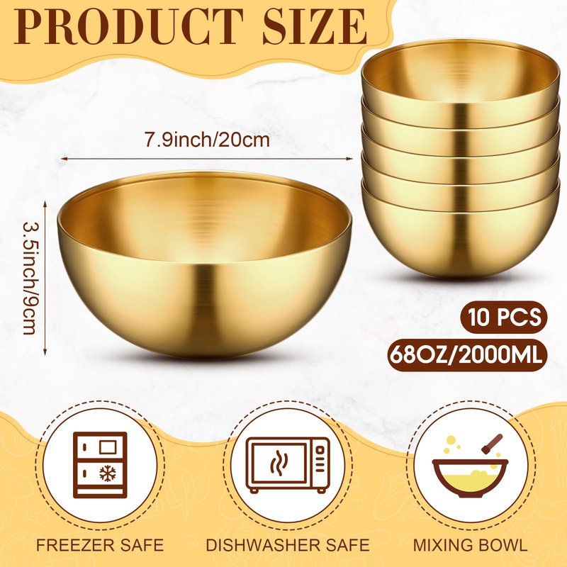 Nuogo 10 Pcs Gold Bowls 7.9 Inch Stainless Steel Mixing Bowls Decorative Esthetician Bowl for Facial Metal Serving Bowl for Holiday Birthday Party Wedding Baking Prepping Salad Fruit Soup
