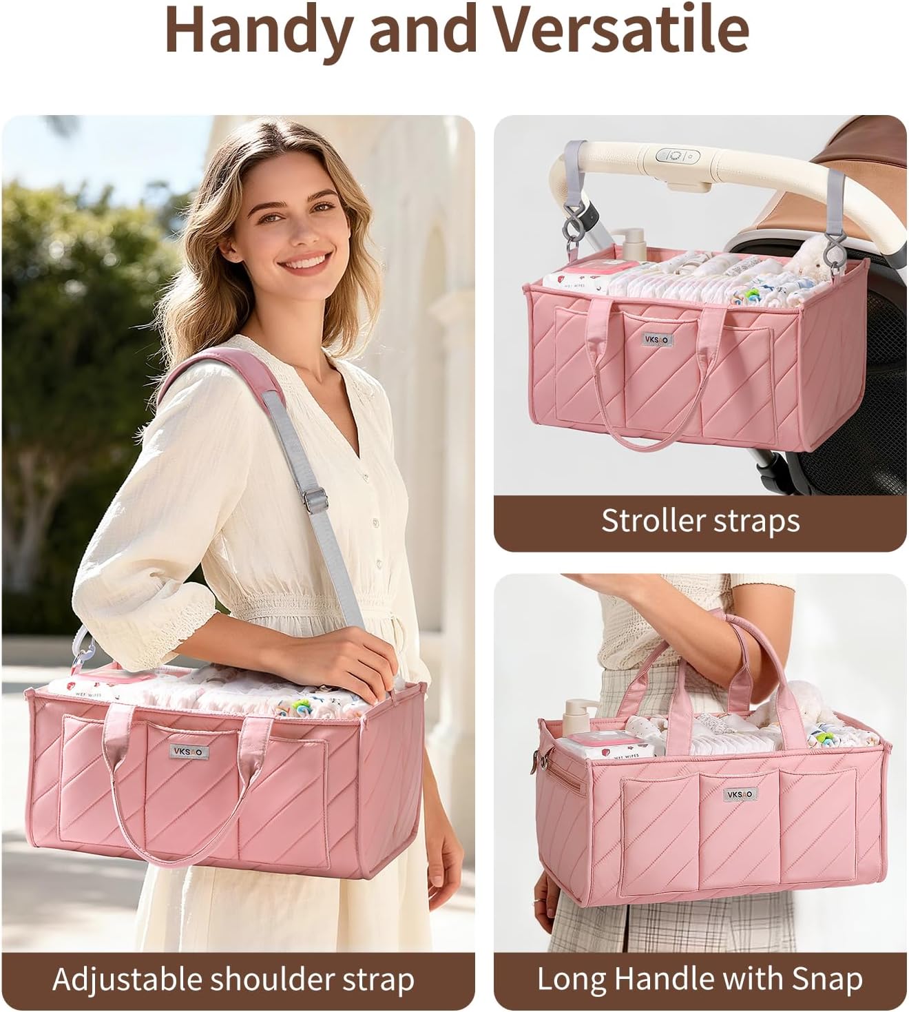 Skiennix Extra Large Diaper Caddy Organizer - Water-Resistant Nursery Storage Tote with Zipper Pocket & Shoulder Strap, Blush Pink