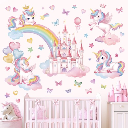 wondever Rainbow Castle Wall Stickers Unicorn Butterfly Balloon Peel and Stick Wall Art Decals for Baby Nursery Girls Bedroom Toddler Room