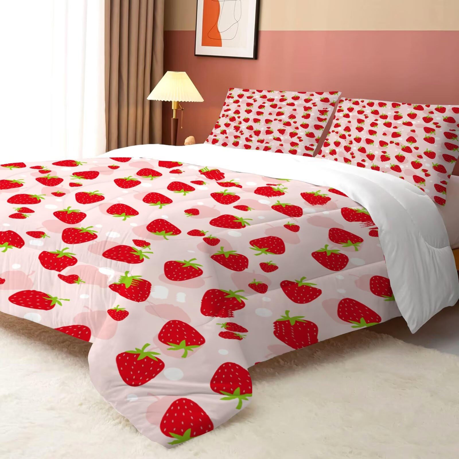 FUYEUN Strawberry Comforter Set Twin Size Pink Fruits Bedding for Kids Girls Women Kwaii Bedroom Decor Cute Quilt Bed Sets, 1 Comforter 1 Pillowcase