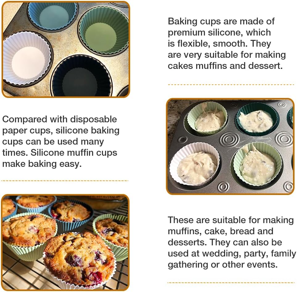 Skiennix Extra Large Silicone Muffin Cups - 12 Pcs Reusable Jumbo Baking Liners | 3.54 Inch, Easy to Clean, Green & White