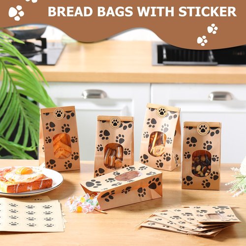 Tenceur 120 Pcs Dog Paw Bakery Bags with Window Paper Cookie Bags 3.54 x 2.36 x 6.7 Inch Tin Tie Tab Lock Bags Seal Stickers for National Dog Day Coffee Beans Candy Gift Party Favor