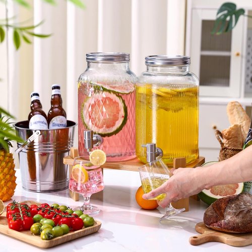 2 PCS Glass Drink Dispenser Set 1.5 Gallon With Stand, Spigot, Large Water Drink Dispensers for Parties for Lemonade, Juice, and Wedding, Bars