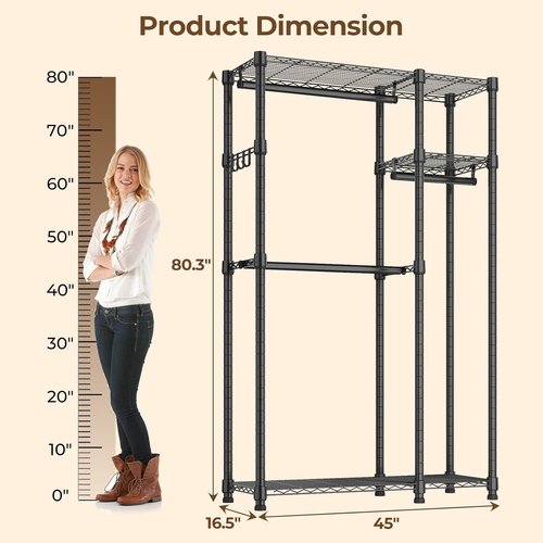 HYSEYY Heavy Duty Portable Closet - Adjustable Garment Rack with 4 Hanging Rods & Shelves | 73.6" L x 17.3" W x 76.4" H (Gray)