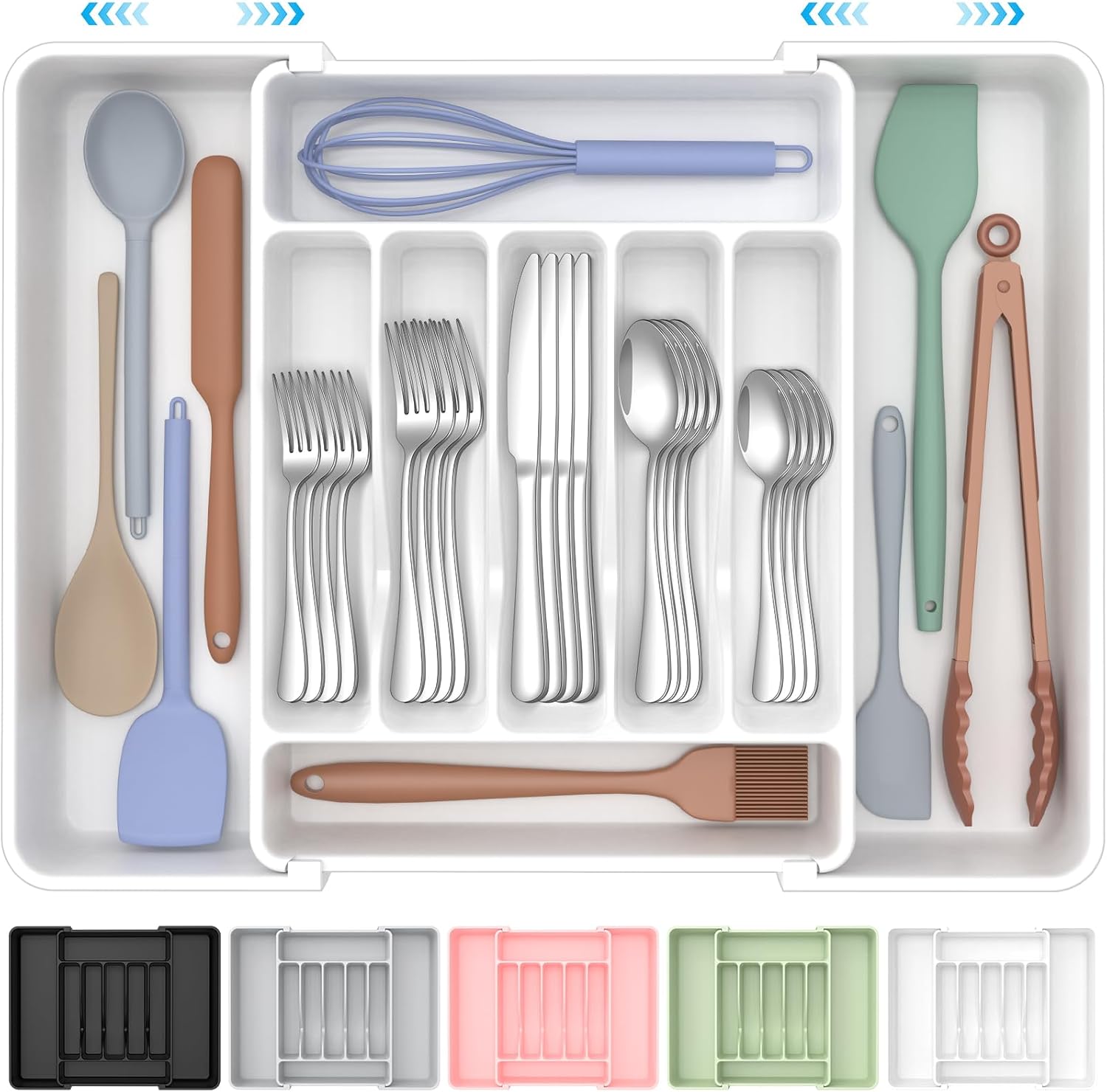 Ukeetap Extra Large Expandable Silverware Organizer - BPA-Free Cutlery Holder for Kitchen Drawers | White