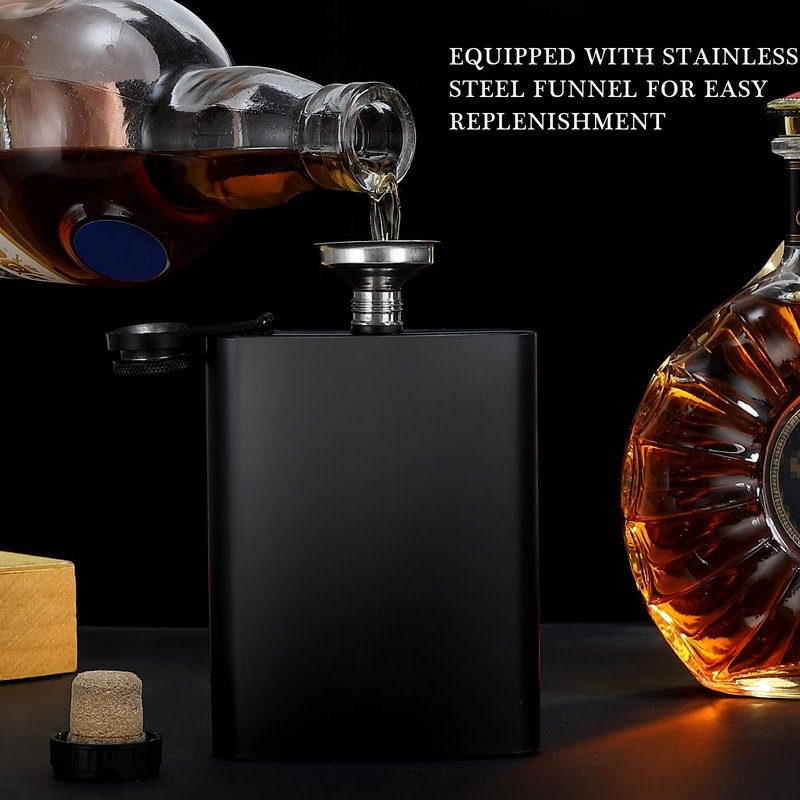 GliSun 8 pcs Flask for Liquor for Men Matte Black 8Oz Stainless Steel Leak Proof with 8 Wine Glass 8 pcs Funnel Used for Gift, Camping, Outdoor Activity, Groomsman Bridesmaid Wedding Party