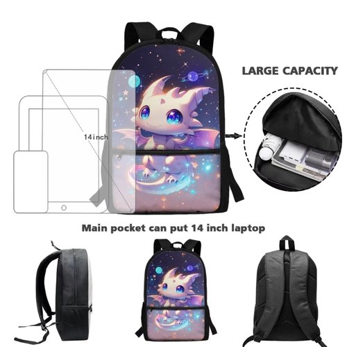 JEOCODY Cool Galaxy Dragon Backpack for Girls Boys Kids School Bag with Lunch Bag Pencil Case and Water Bottle Holder Set of 4 School Daypack Travel Bag Satchel Bagpack