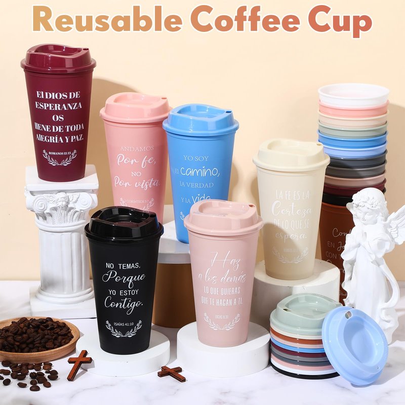 Zhehao Spanish Bible Verse Tumblers Bulk, 16 oz Reusable Christian Cups with Lids, Plastic Coffee Cups for Church Events, Bible Study, Sunday School, Teacher Appreciation(Morandi,24)