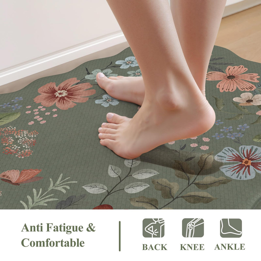 Collive Anti Fatigue Kitchen Mats, Scalloped Green Floral Kitchen Rugs Set of 2 Non Slip Waterproof Standing Mat, Memory Foam Comfort Desk Rug for Office, Sink, Laundry, 17.3"x29"+17.3"x47"