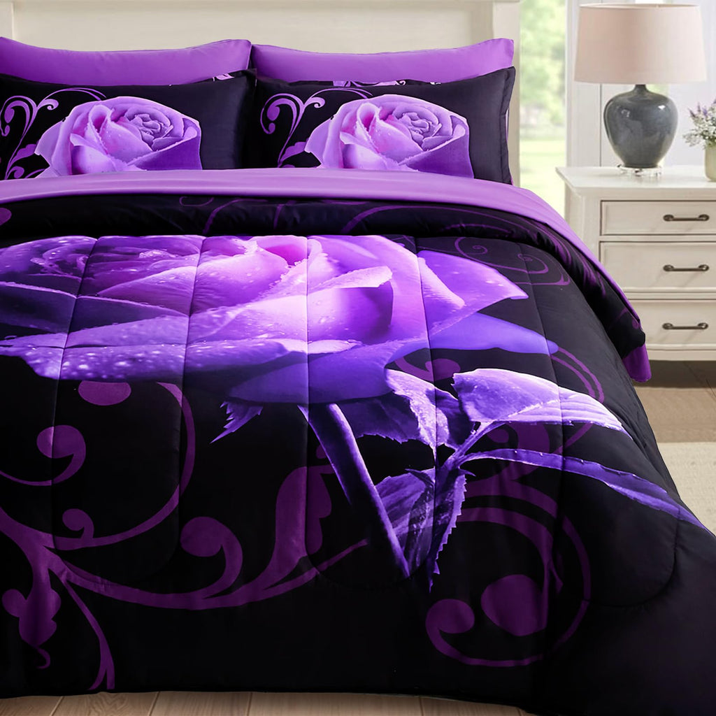 WONGS BEDDING Purple Comforter Set Queen, Reversible Purple Rose 7 Pieces Bed in a Bag, Lightweight Soft Microfiber Bedding Sets with Flat Sheet, Fitted Sheet, Pillowcases & Shams