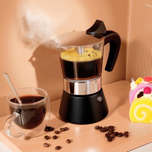 Suiitat Induction Moka Pot, 4 Cups (7.1 oz) Crystal Glass-Top & Stainless Steel Moka Pot, Classic Stovetop Espresso Maker, Black