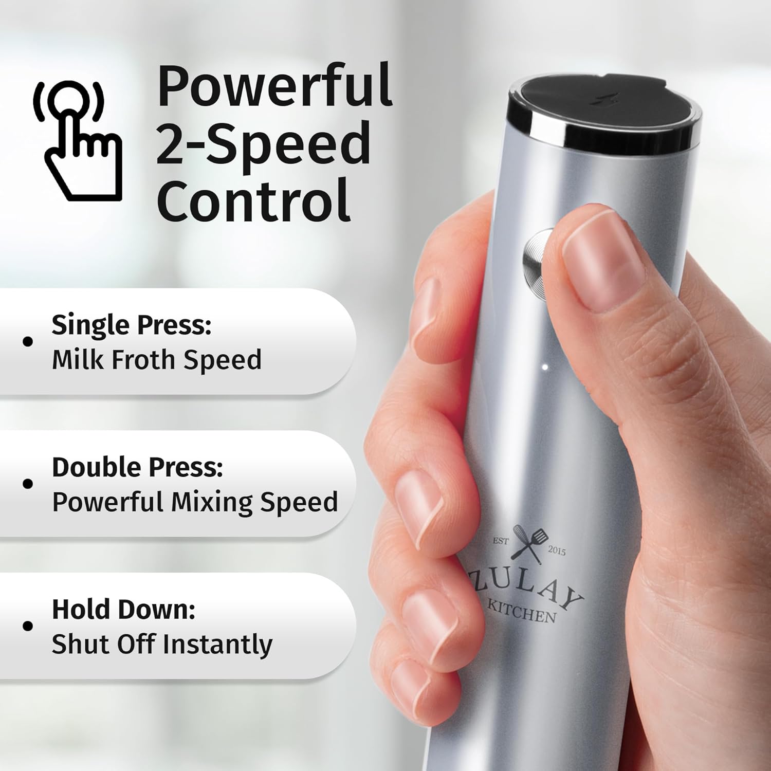 Zulay Kitchen Rechargeable Milk Frother - Powerful 2-Speed Motor, Waterproof, 2000mAh Battery | Perfect for Lattes, Cappuccinos & Matcha - Pure Silver