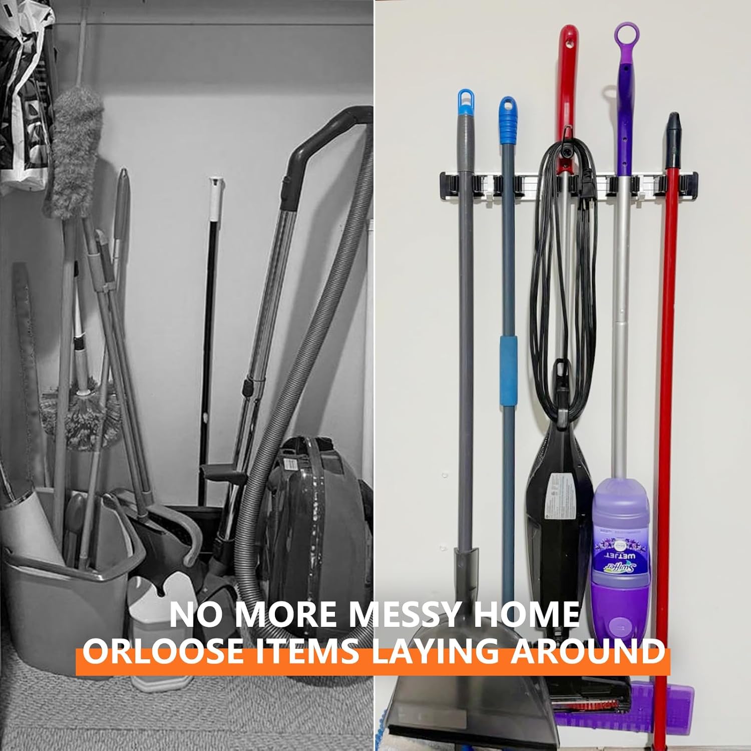 Reliahom Broom Holder Wall Mount - 5 Racks & 4 Hooks for Organized Garage, Kitchen, Garden, Laundry Room