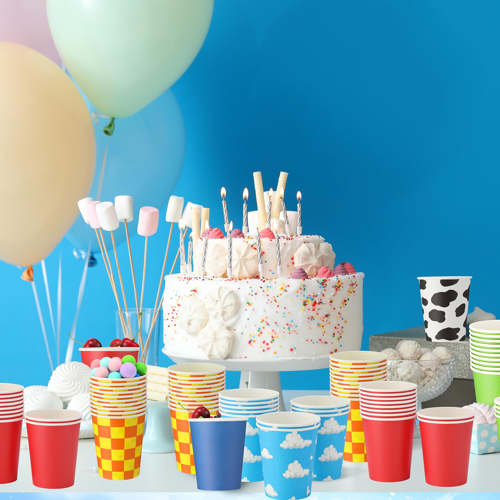 Vesici 60 Pieces 9 oz Cartoon Story Paper Cups Cartoon Story Birthday Party Decoration Blue Sky White Clouds and Cow Print Disposable Drinking Cup Bulk for Birthday Baby Shower Table Supplies