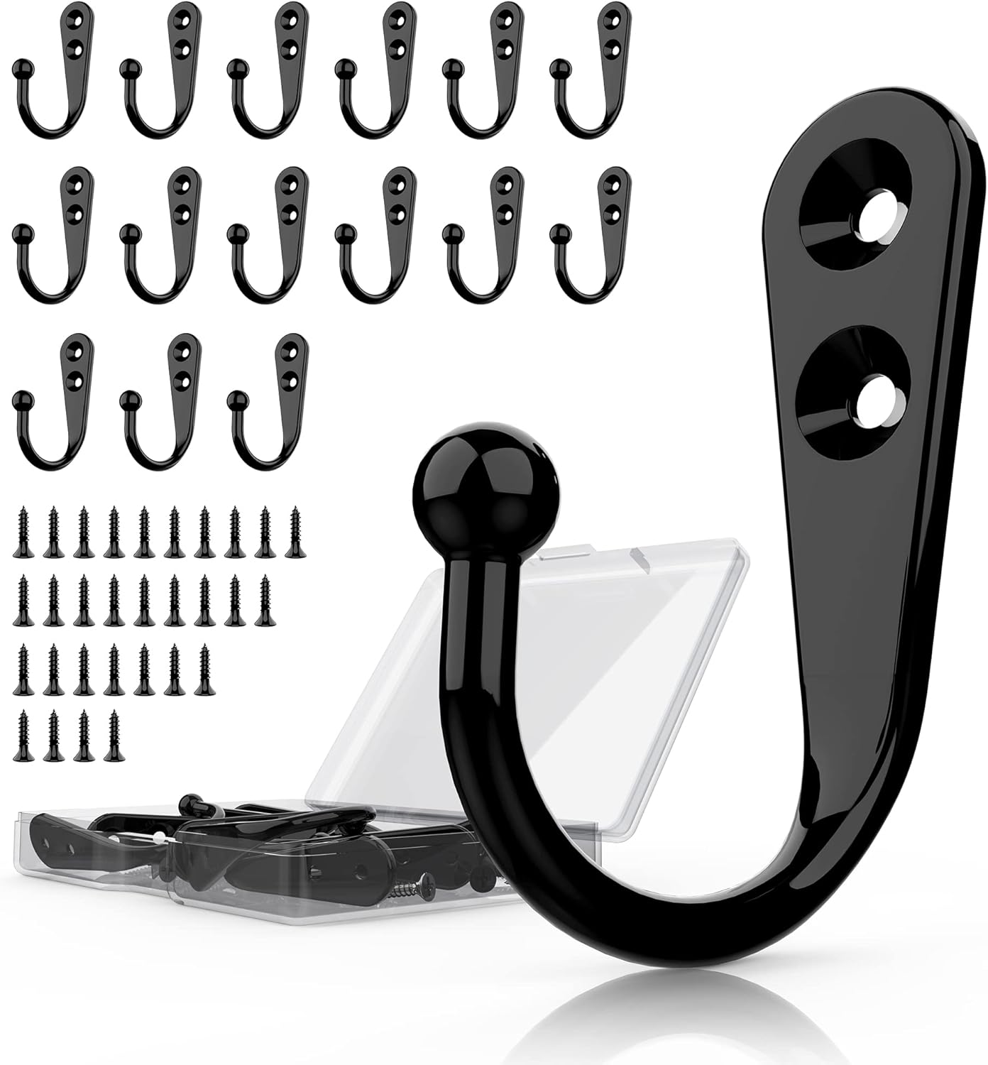 Skiennix 15 Pcs Black Wall Mounted Coat Hooks - Durable Hangers with 30 Screws for Towels, Keys & More