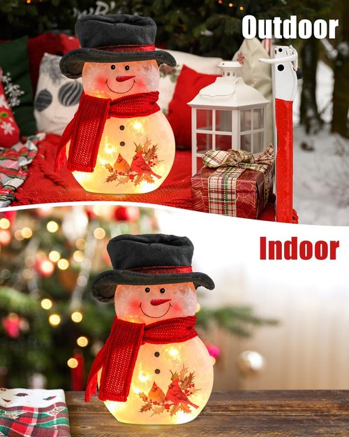 Bdor 11-Inch Glass Snowman Decoration - Light-Up Holiday Ornament with Cardinals & Red Scarf | Indoor Winter Décor