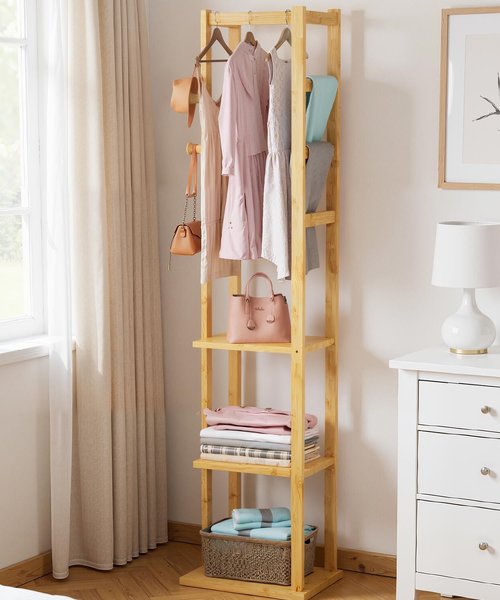 Cozivolife Bamboo Heavy Duty Small Clothing Coat Rack with Shelves & Hooks - Freestanding Corner Garment Rack for Entryway/Bedroom/Small Spaces - Anti-Slip, Anti-Tip Design, Easy Assembly
