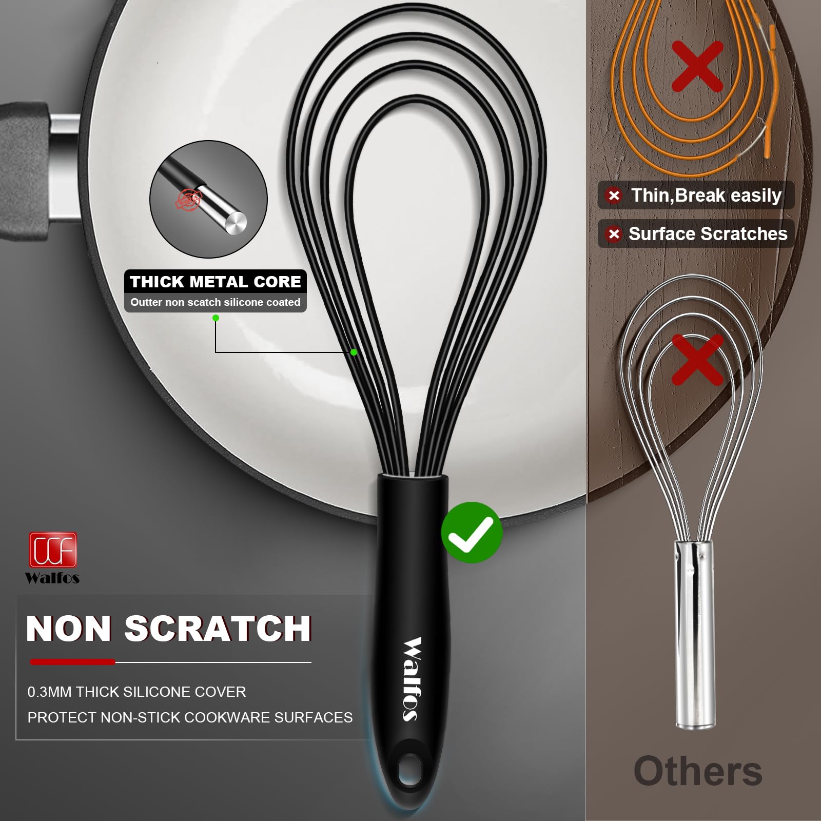 Walfos Silicone Flat Whisk,11inch Flat Whisk Non Scratch Coated Flat Whisks for Cooking.Great for Ceramic Coated pans and Wider shallower pots.Black