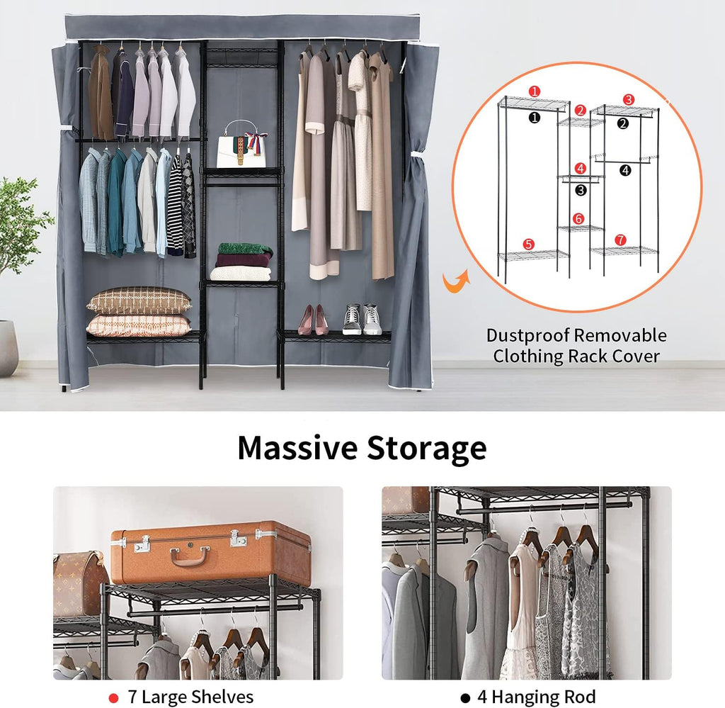 PayLessHere Adjustable Metal Garment Rack - Portable Clothing Rack with 4 Hanger Rods & 7 Shelves, Black