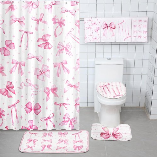 FuWeave Pink Bow Shower Curtain Set - 8 Pcs Cute Coquette Bathroom Decor with Towels & Rugs