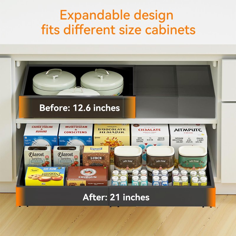 2 Pack 21'' Deep Pull Out Cabinet Organizer Expandable Width (12.6'' to 21'') Slide Out Drawers Pull Out Drawers Fixed with Adhesive Nano Film or Nail for Kitchen Bathroom Organization, Black
