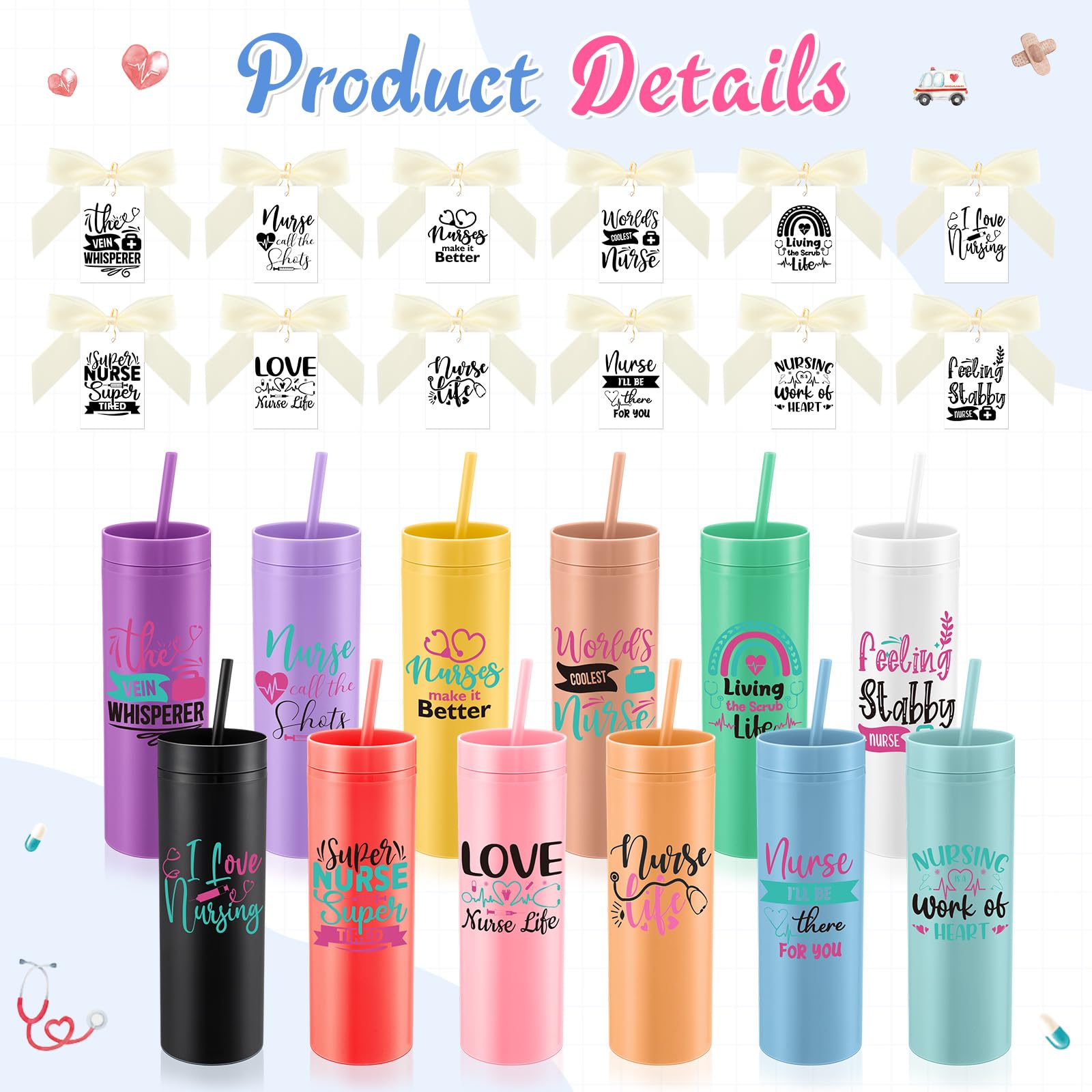 Jinei 12 Sets Nurse Appreciation Gifts Bulk, 16 oz Thank You Nurse Tumblers with Lids and Straws, Positive Cards with Bowknot for Women Men Holiday Office Party Favor(Elegant)