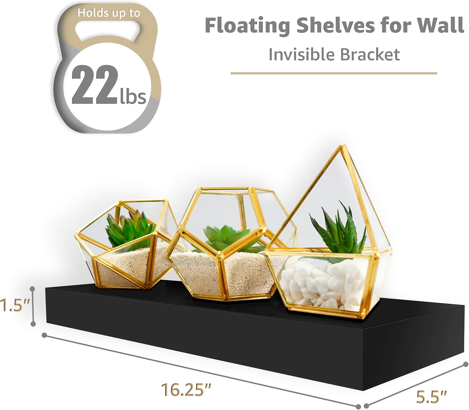 Sorbus Floating Shelves - 16 Inch Wall-Mounted Shelves for Kitchen, Bedroom & Bathroom | Black, 2 Pack