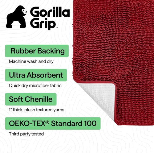 GORILLA GRIP Bath Rug Mat - Soft Absorbent Chenille | Quick Dry Microfiber, 36x24, Red