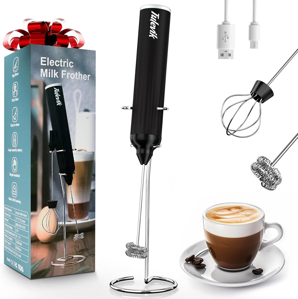 Skiennix Electric Milk Frother - Handheld USB Rechargeable Wand with 3 Speeds for Coffee, Latte, Cappuccino, Hot Chocolate - Black