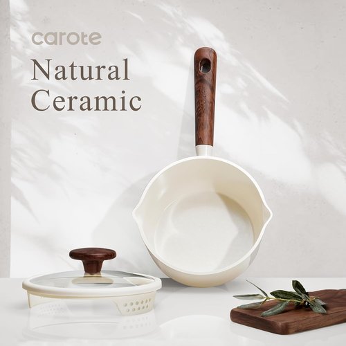CAROTE Ceramic Nonstick Saucepan Set - 2QT & 3QT with Lid & Ladle | Easy to Clean, Induction Compatible, PFAS Free, White
