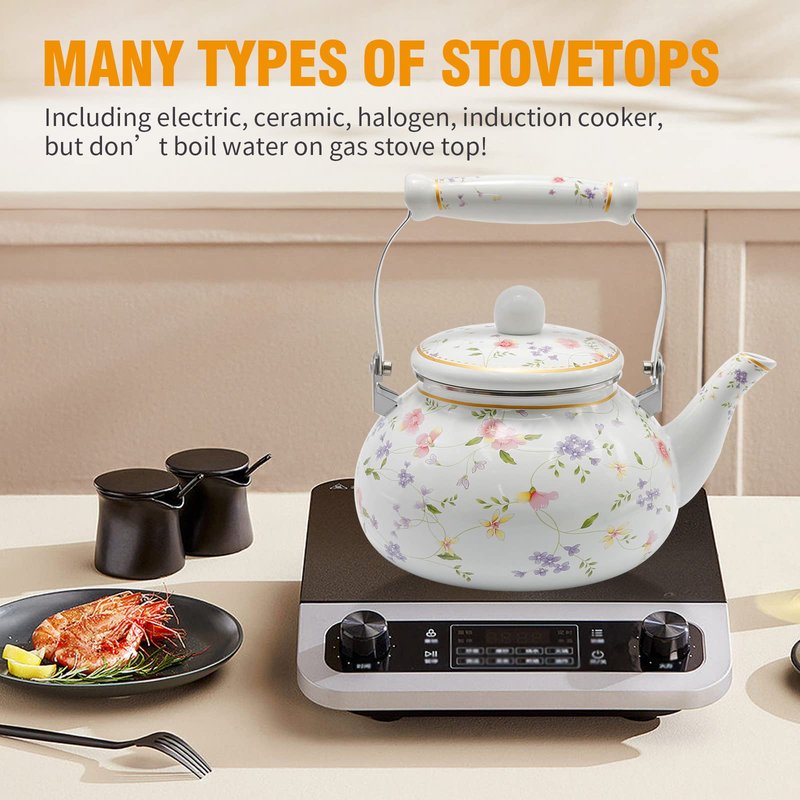Saihisday Floral Teapot Enamel Afternoon 2.5L Tea Kettle For Stovetop, Large Flowered Tea Kettle with Ceramic Handel for Afternoon Tea Wedding Party Housewarming Gift