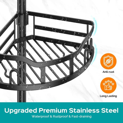 HAMITOR Corner Shower Caddy - Rustproof 4-Tier Bathroom Organizer for Bathtub Shampoo Storage | Adjustable 47-121 Inch Black Rack