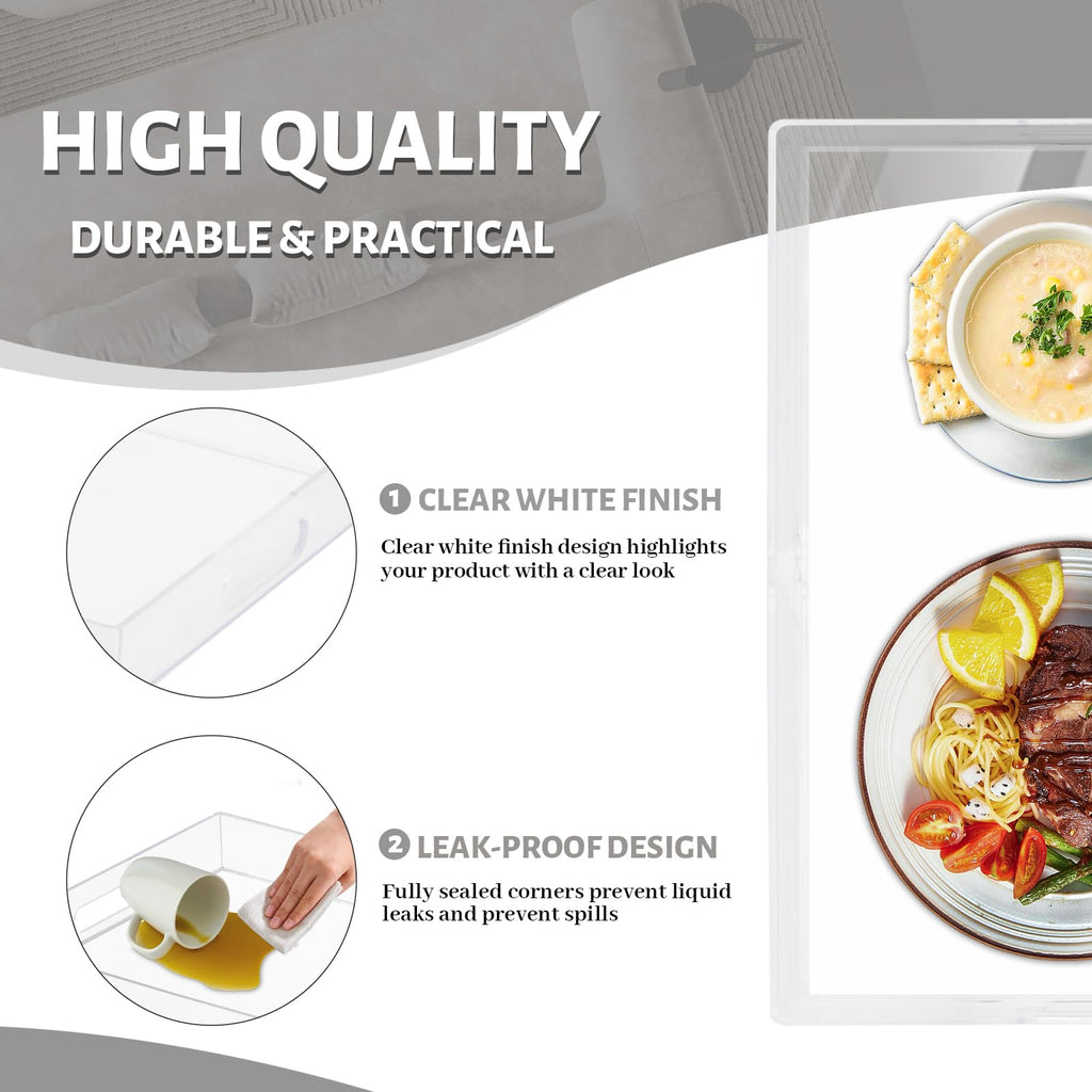 MAONAME Clear Serving Tray with Handles, Plastic Clear Tray, Rectangle Decorative Trays for Coffee Table, Ottoman, Bathroom, Vanity, 15.7" Lx 10.2" W X 1.57" H