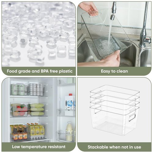BALEINE Clear Plastic Storage Bins, Pantry Organization, BPA Free Stackable Refrigerator Organizers and Storage with Handles for Kitchen Fridge Cabinet Bathroom (4PK, 9.5x5.5x4.5)