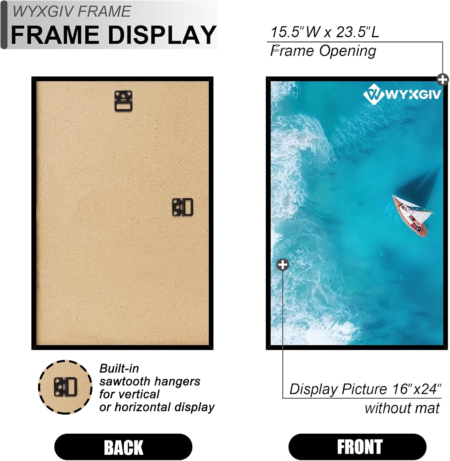 Skiennix 16x24 Picture Frame Set of 2 - Scratch-Proof Black Frames for Horizontal/Vertical Display