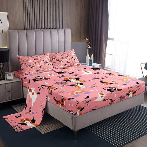 Feelyou Happy Halloween Sheet Set King Size Kids Horror Cobweb Cute Dog Sheets with Deep Pocket Fitted Sheet for Boys Teens Kawaii Cloud Rainbow Bed Sheets Set Breathable Witchcraft Pink Room Decor