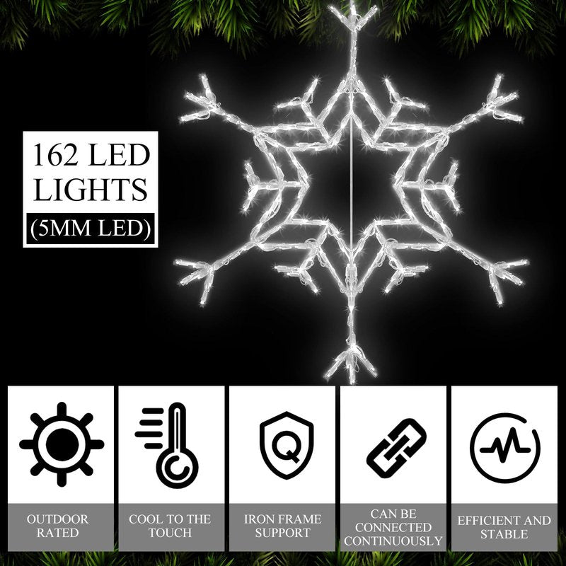 VIHOSE 36" Christmas Snowflake Lights 162 LED Snowflake Decoration Large Outdoor Hanging Lights for Yard Porch Christmas Party Nativity Scene Special Soft Head for Folding Iron Frame(Cool White)